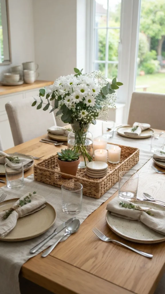 Simple fresh centerpiece creating an elegant summer dining table.
