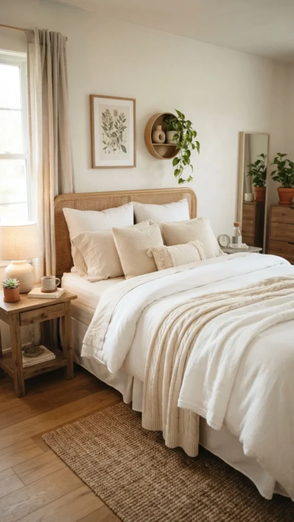 White and cream bedding creating a calm and refreshing summer bedroom.