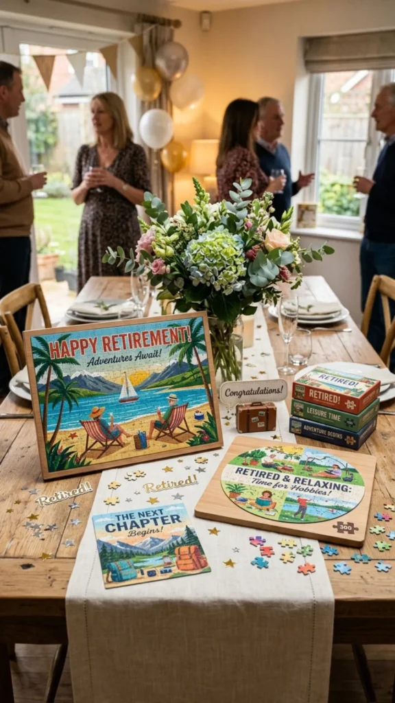 Interactive retirement-themed puzzle centerpiece for a unique party decoration.