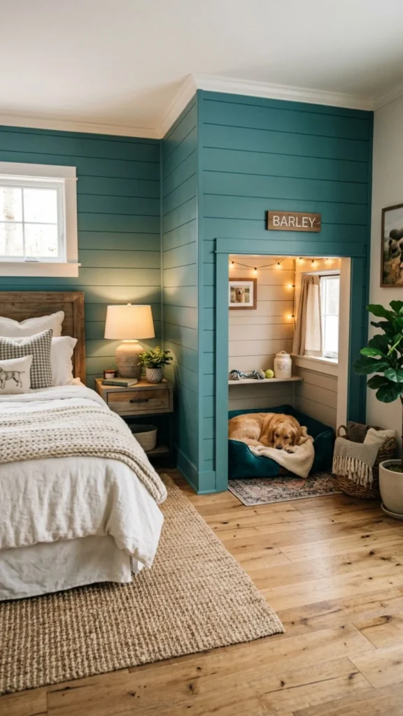 Teal shiplap dog bedroom corner with modern farmhouse charm