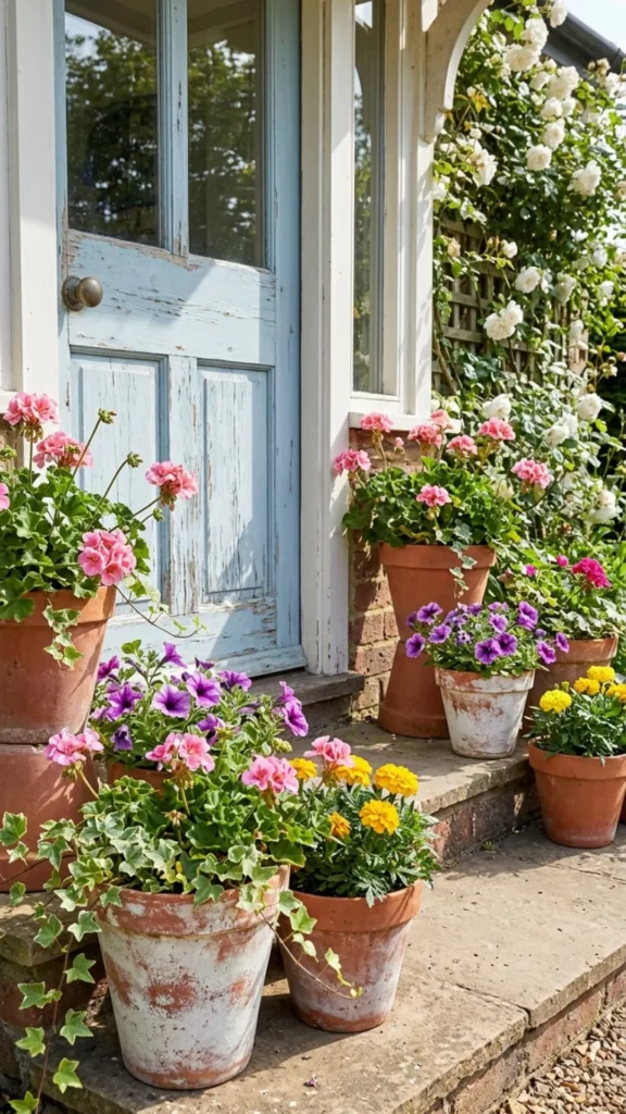 Rustic terra cotta pots filled with greenery and flowers for natural cottage style summer home decor.