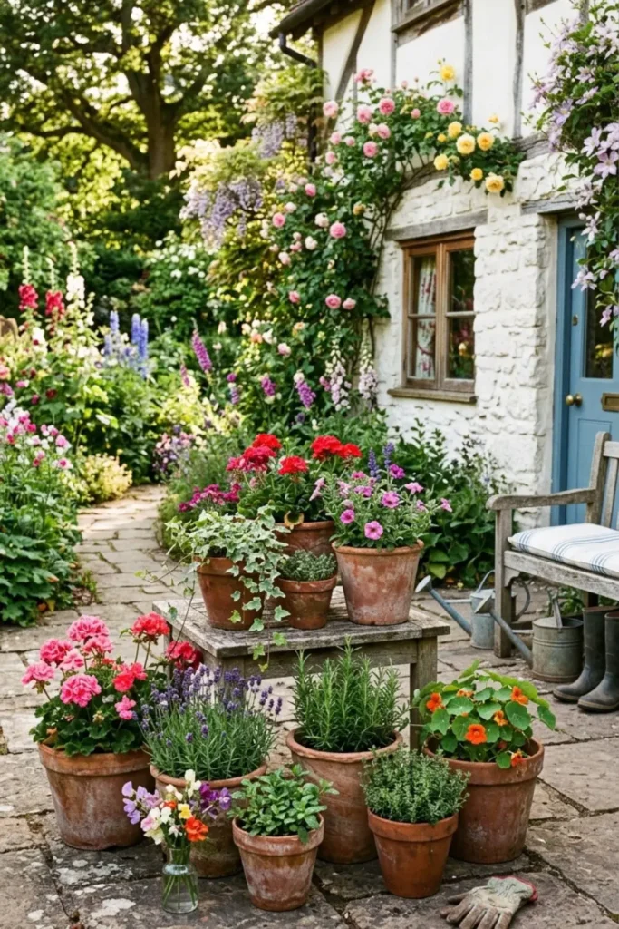 Rustic terra cotta pots with blooming summer flowers.