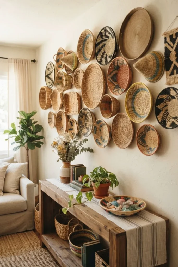 Thrifted woven basket wall display in a cottage-style home.