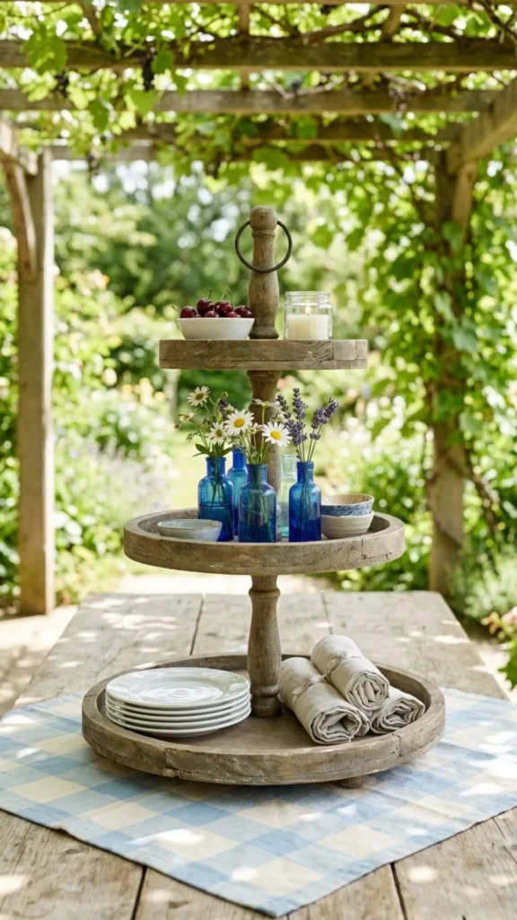 Tiered wooden table display styled with flowers and rustic accents for cottage style summer decorating.