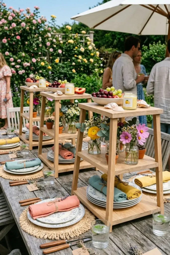 Tiered wooden tray styled with cottage-inspired summer decorations.