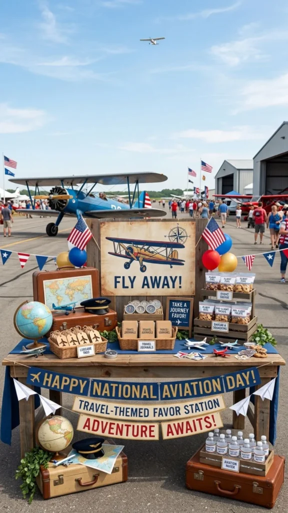 Travel-inspired favor station with suitcases and aviation details.