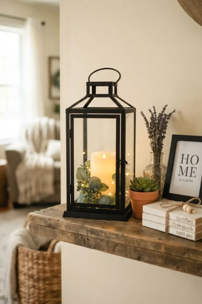 Stylish DIY lantern decorated with candles, greenery, and fairy lights for seasonal decor.