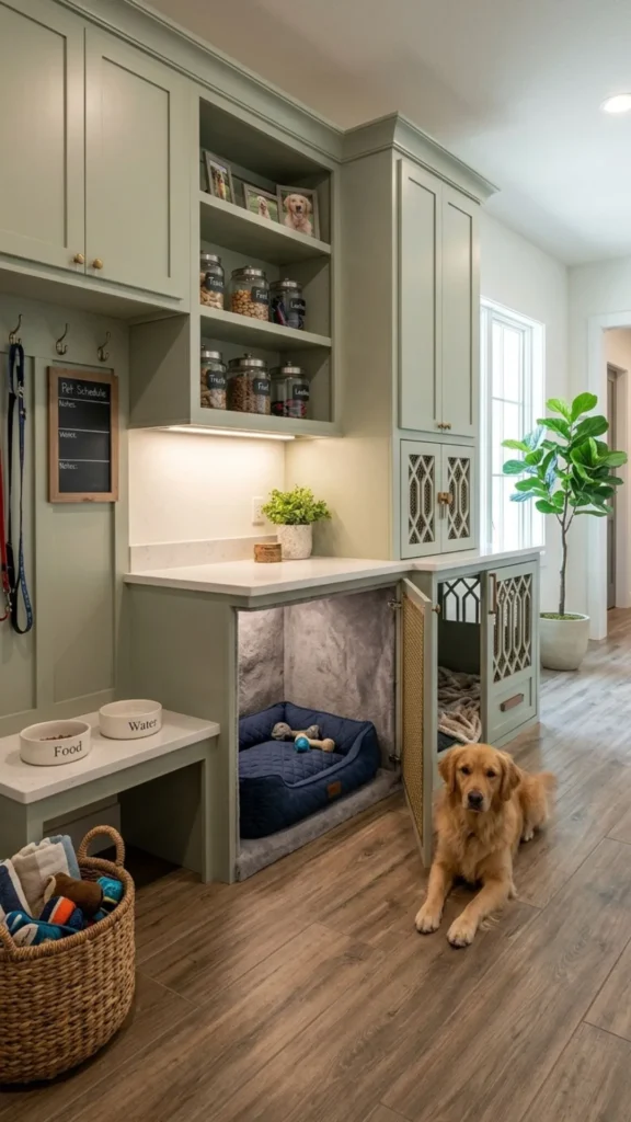 Under-cabinet dog den with discreet built-in crate hideaway
