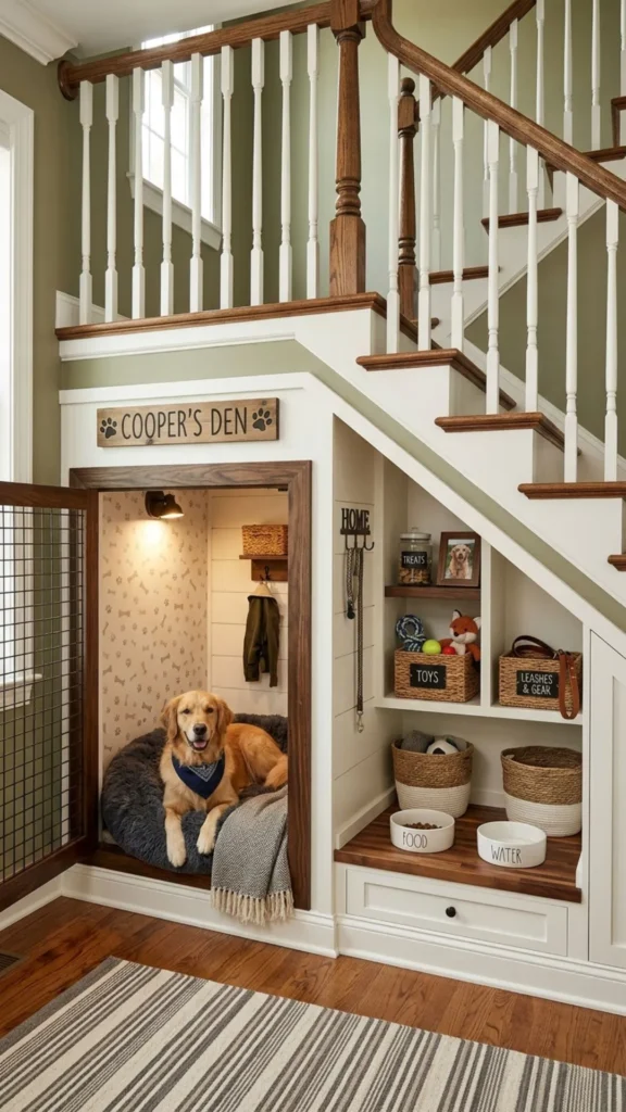 Under-stair dog den featuring cozy built-in crate nook