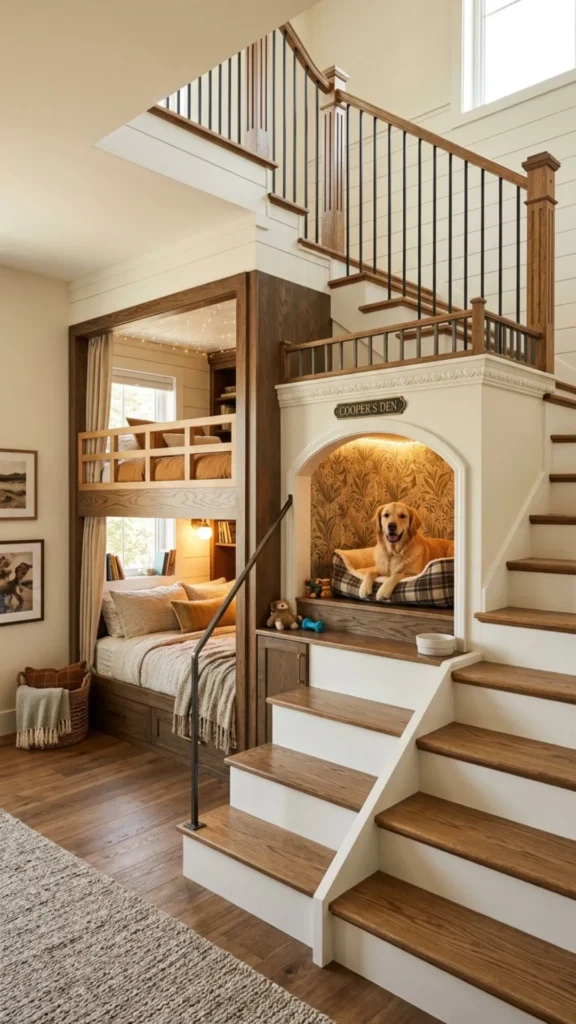 Under-stairs bunk dog bedroom with stylish built-in steps