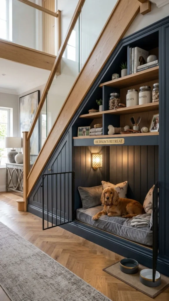 Luxury under-stairs dog bedroom with practical built-in shelving
