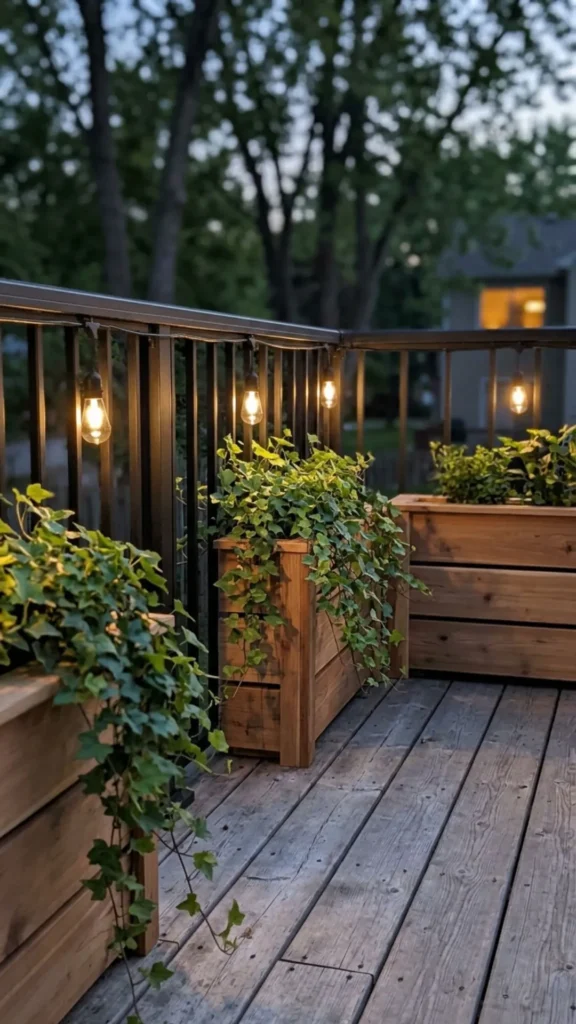 Unique lighting fixtures enhancing small deck style and ambiance