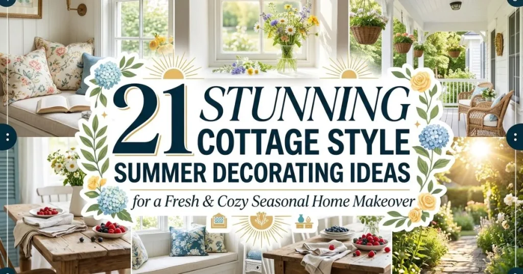 Cozy cottage style summer living room with fresh seasonal decor and natural accents.
