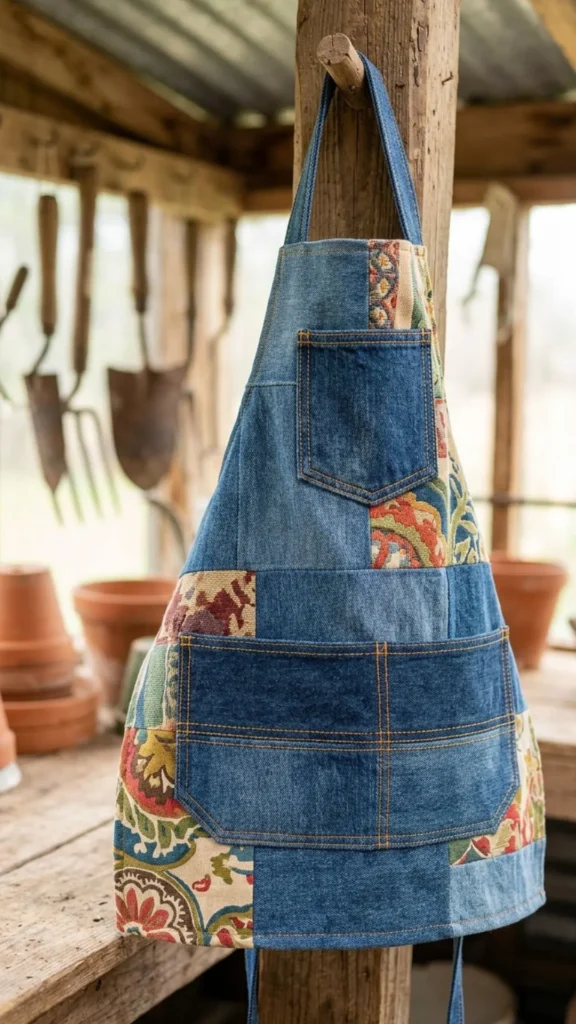 Practical upcycled fabric garden apron created from colorful scraps for convenient outdoor gardening.