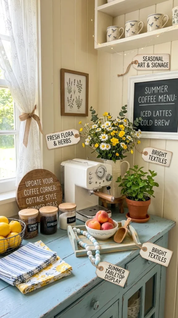 Cozy cottage-style coffee corner with rustic accents, ceramic mugs, and fresh summer decor.