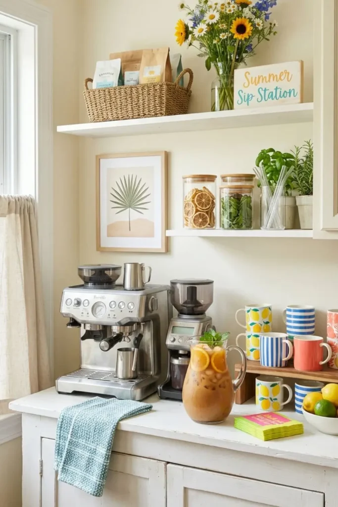 Charming cottage coffee corner with vintage mugs and fresh flowers.