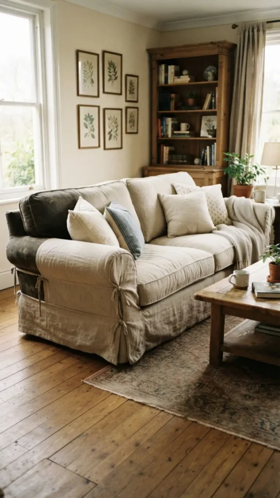 Light linen slipcovers giving heavy furniture a relaxed summer makeover.