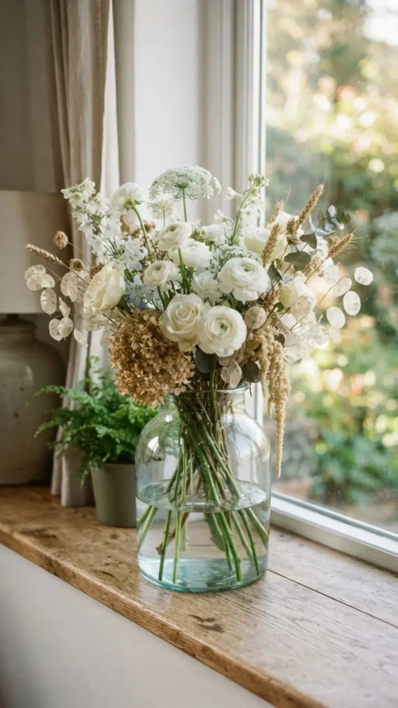 White flowers displayed in a clear glass vase for elegant summer decor.