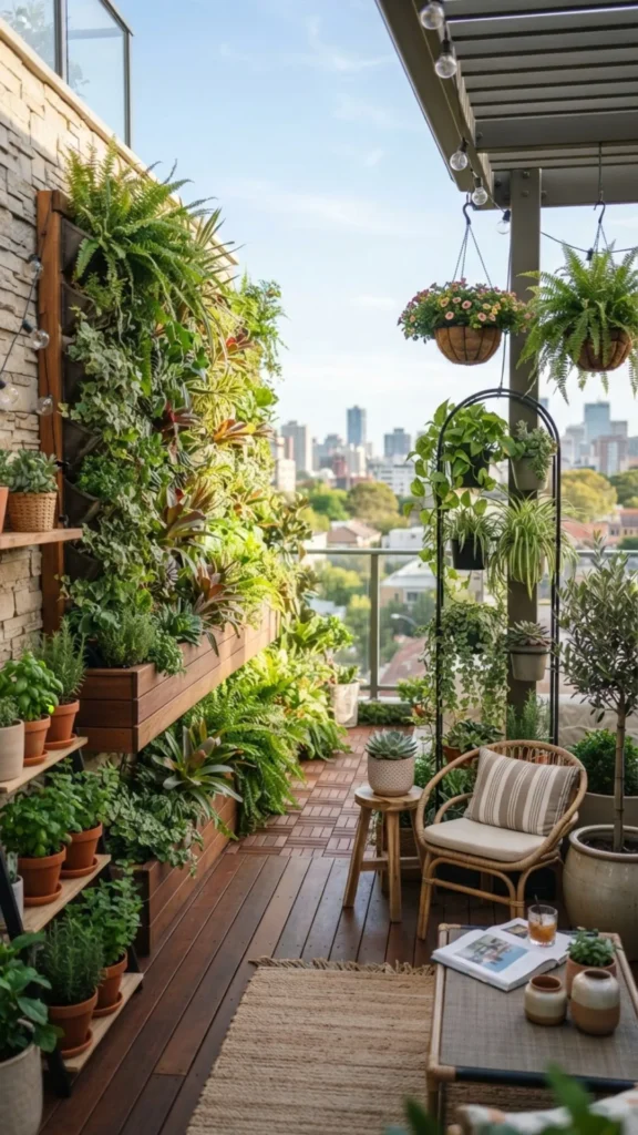 Vertical garden with lush plants bringing fresh greenery to a stylish deck.