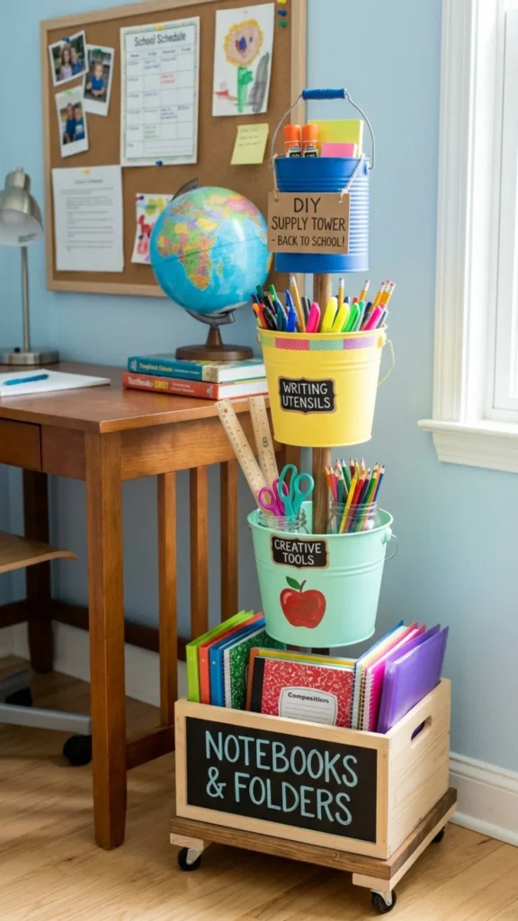 Vertical classroom supply tower for organized storage