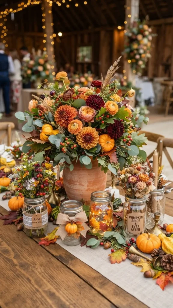Colorful mason jars with autumn flowers, pumpkins, and pinecones celebrate the beauty of the harvest season.