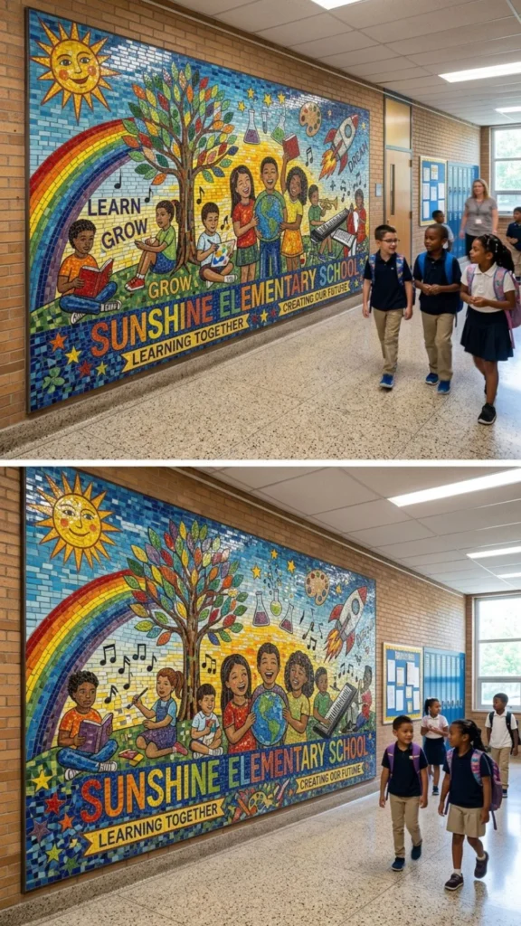 Vibrant glass tile mosaic bringing color and shine to school spaces.