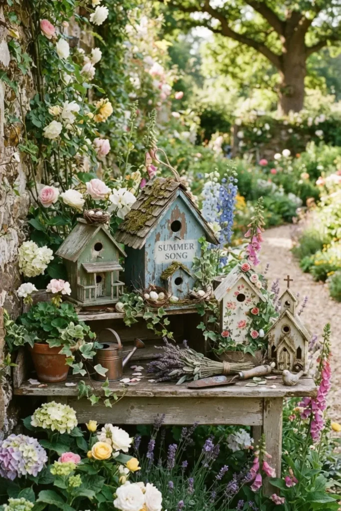 Vintage birdhouse décor adding rustic charm to cottage interiors.