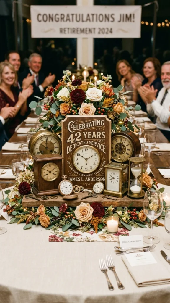 Vintage clock retirement centerpiece decorated with flowers and elegant greenery.