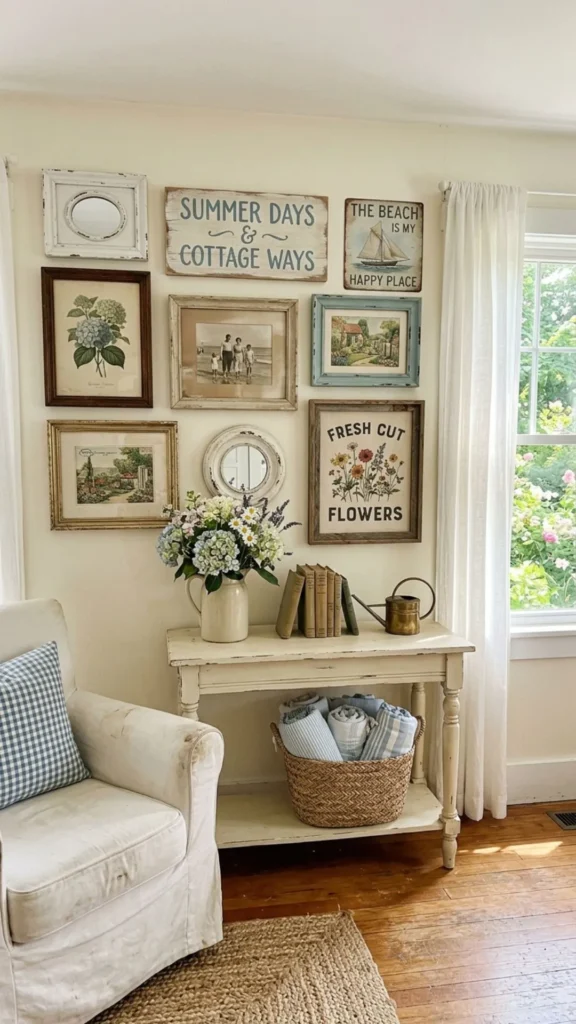 Vintage framed pictures and decorative signs adding timeless character to cottage style summer interiors.