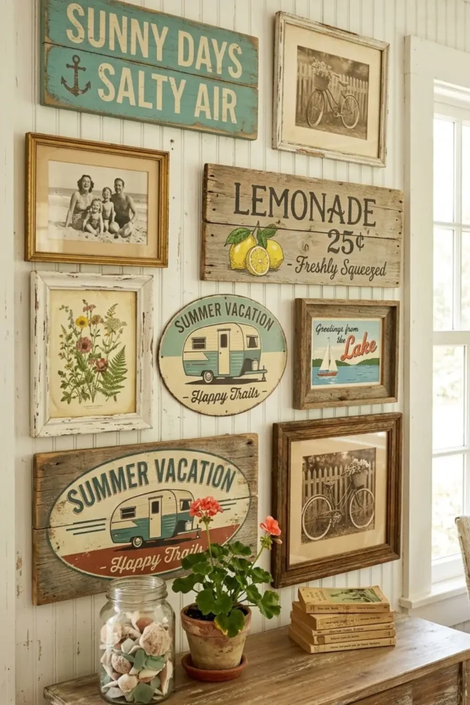 Vintage framed botanical prints adding cottage home charm.