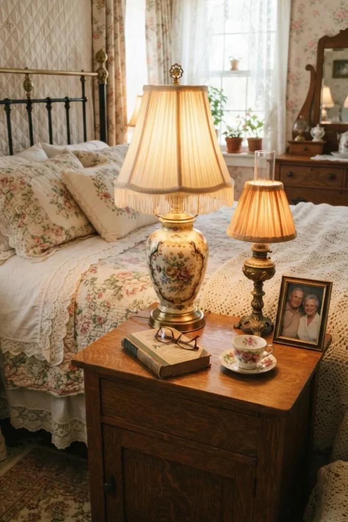 Vintage ceramic and brass bedside lamps adding timeless coastal bedroom charm.
