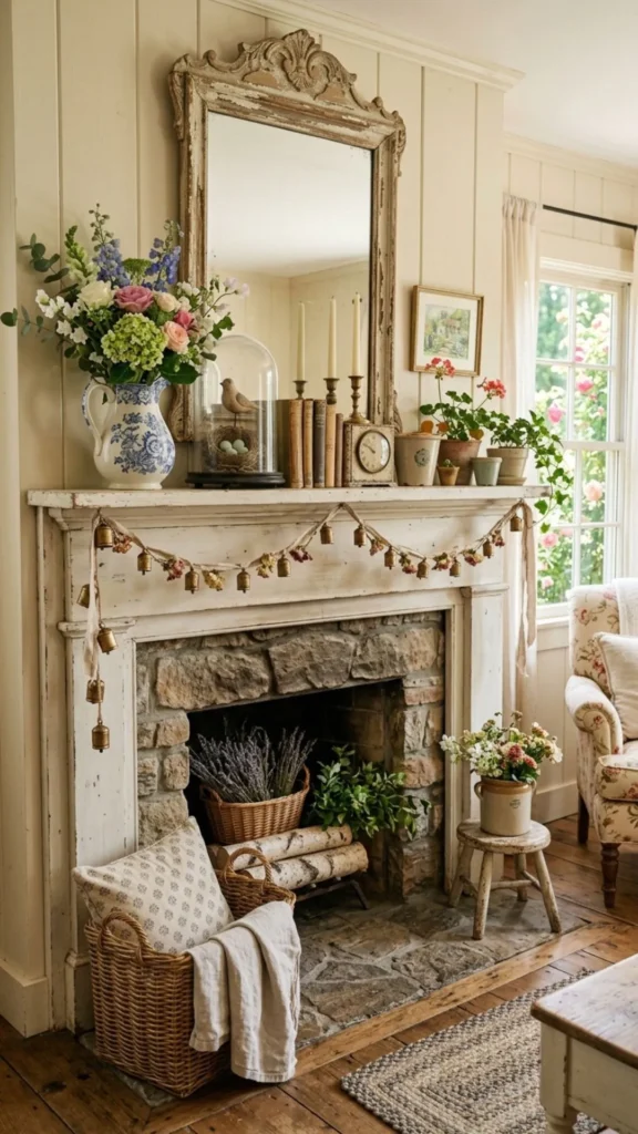 Elegant vintage mantel setting with flowers, candles, and rustic accents for cozy cottage summer decor.