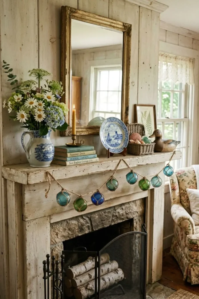 Vintage cottage mantel decorated with candles and greenery.