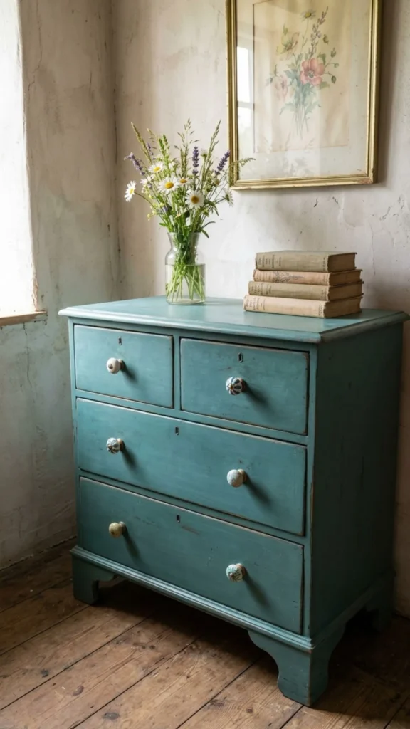 Vintage statement drawers with rustic charm for stylish cottage style summer decorating and storage.