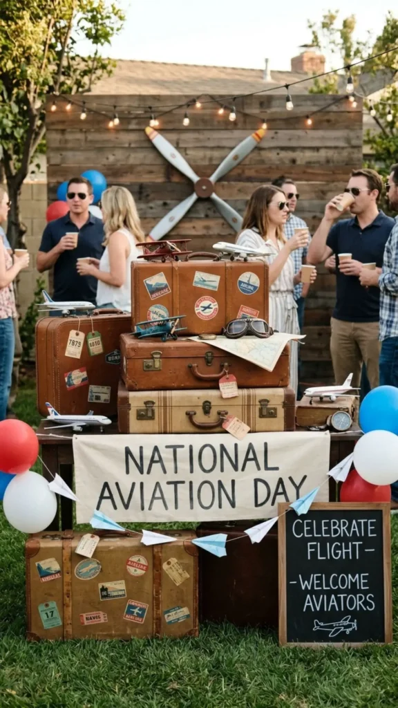 Vintage suitcases styled with travel-inspired aviation party decorations.