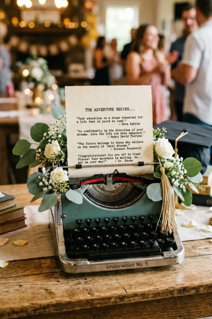Vintage typewriter centerpiece featuring meaningful graduation quotes