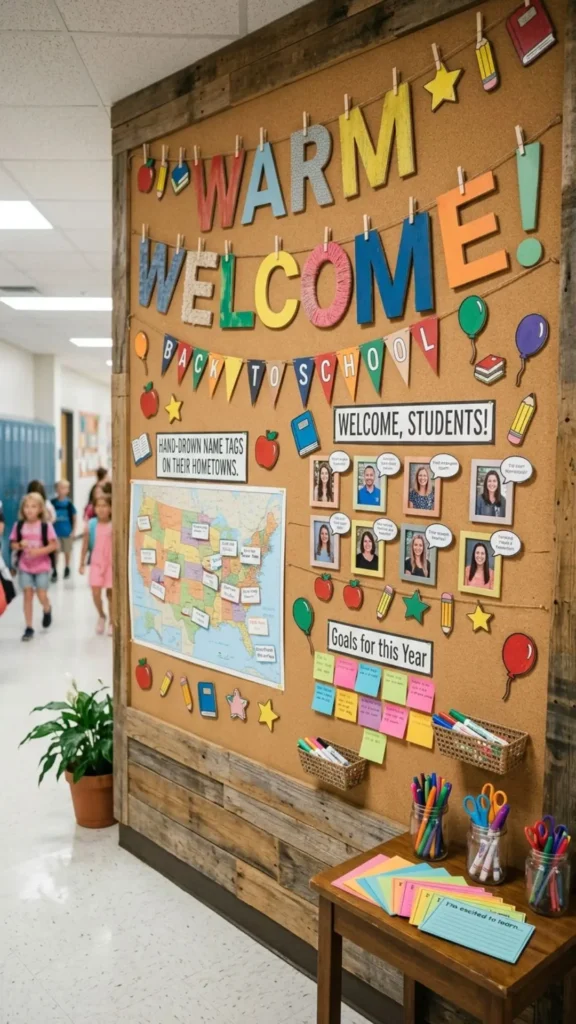 Warm welcome wall for classroom entrance