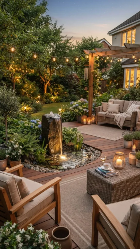 Decorative water feature adding peaceful sounds and relaxing backyard ambiance.