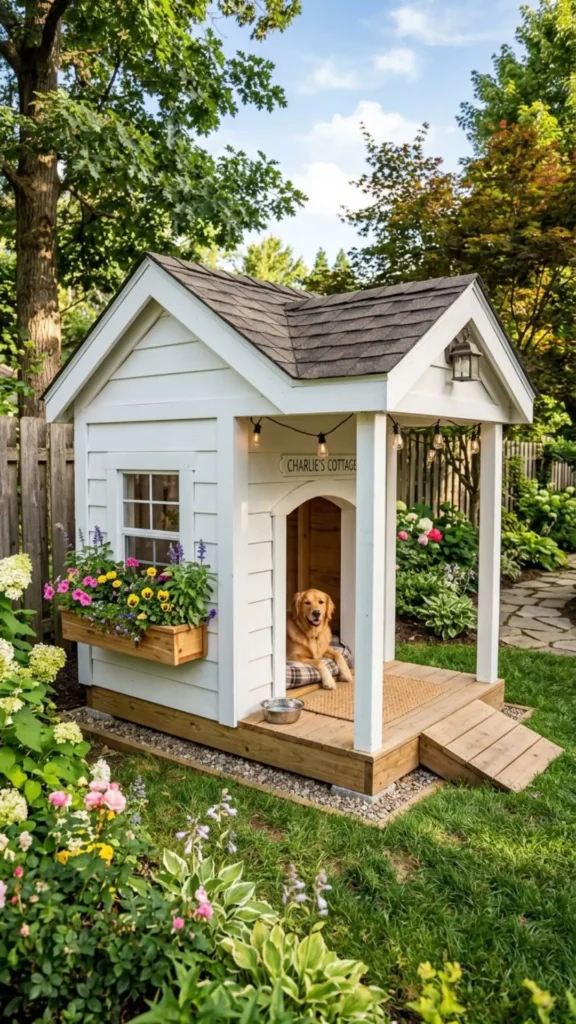 White DIY dog house with covered porch, window box, and charming cottage-style outdoor design