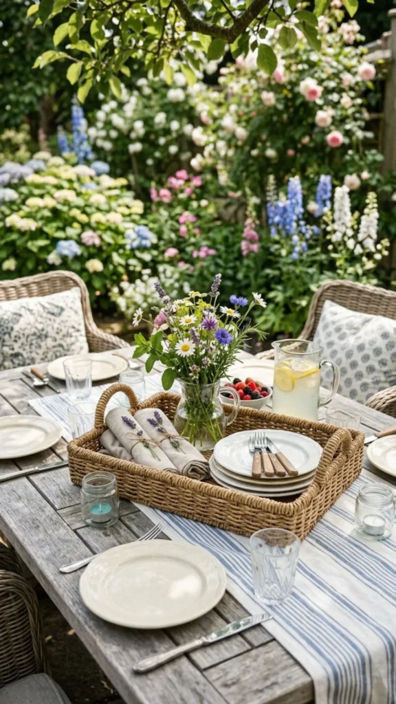 Charming wicker basket table setting with natural textures for elegant cottage style summer dining decor.