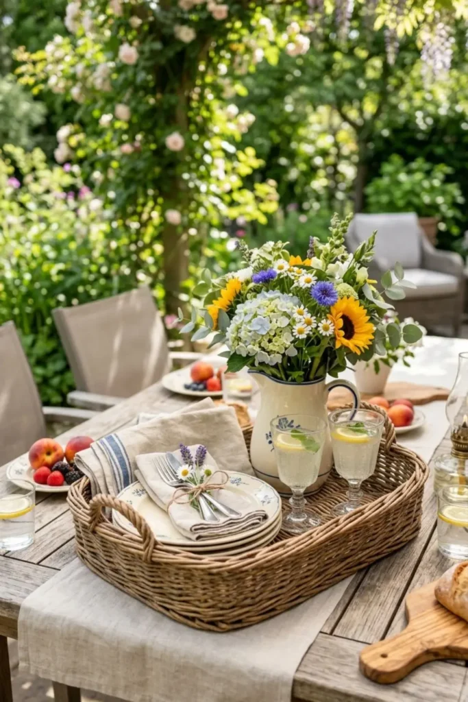 Rustic wicker basket table setting with fresh summer décor.