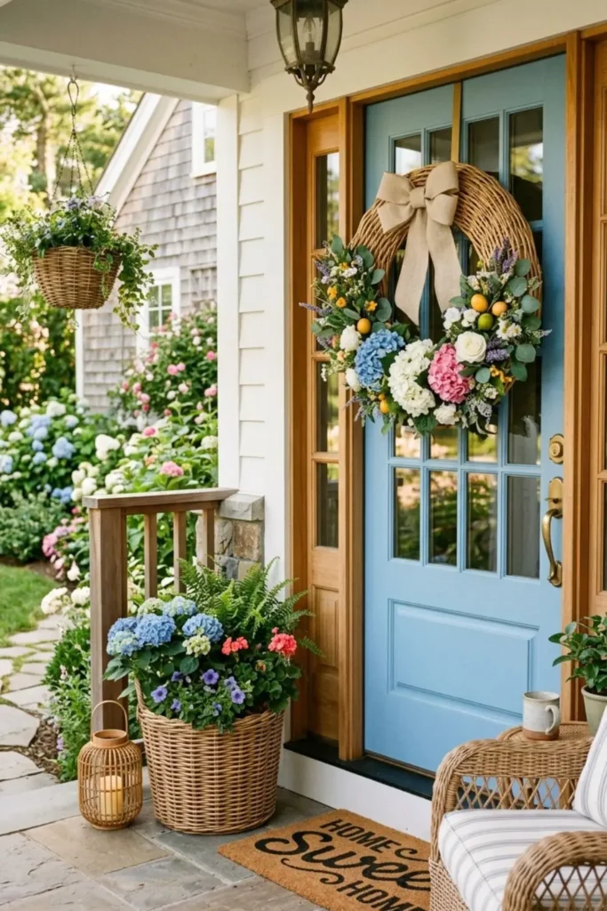 Wicker front door décor with greenery for cottage curb appeal.