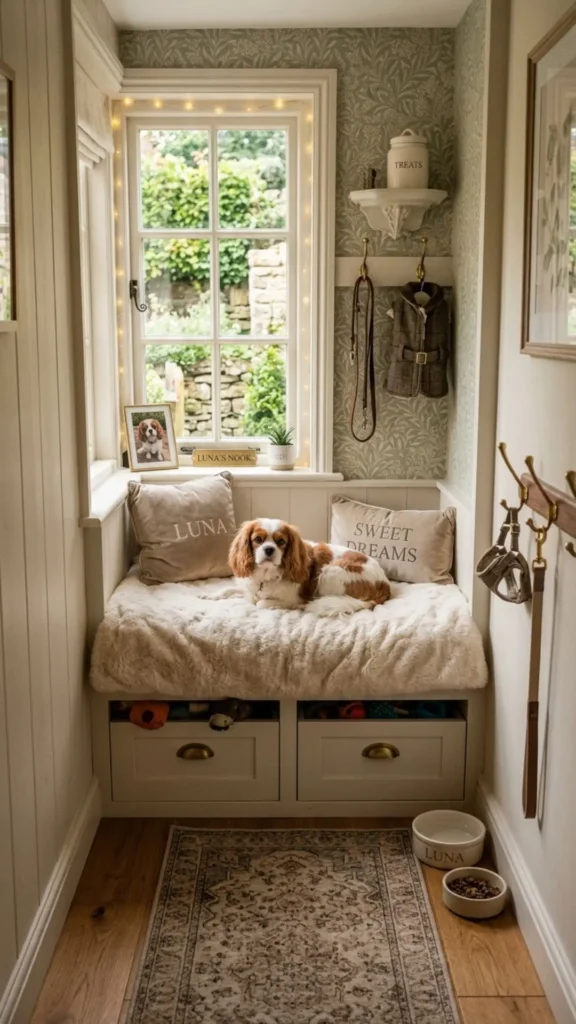 Cozy window-seat dog bedroom designed for narrow luxury spaces