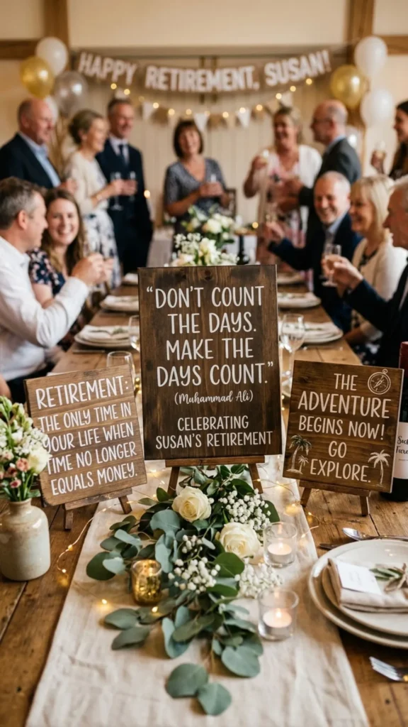 Rustic wooden quote sign centerpiece for a heartfelt retirement party table.