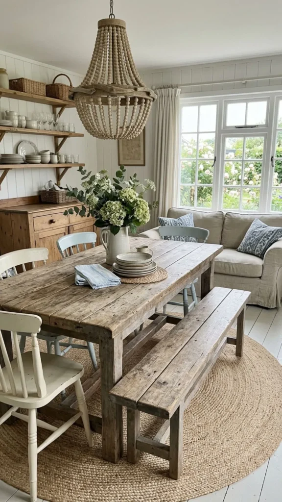 Rustic wooden statement pieces creating a warm, natural, and inviting cottage style summer interior.