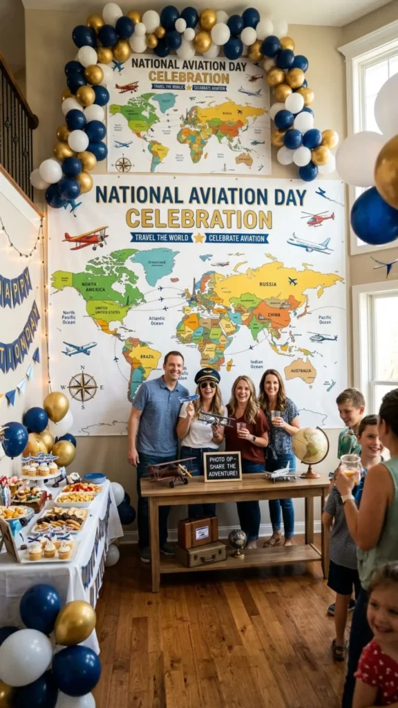 World map backdrop with airplanes for an aviation party.