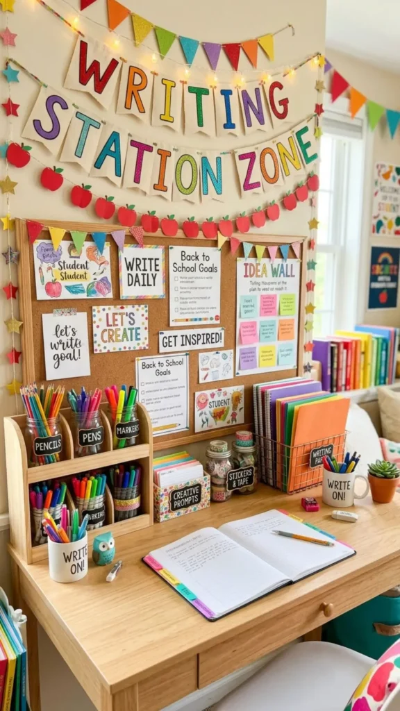 Organized writing station with creative supplies