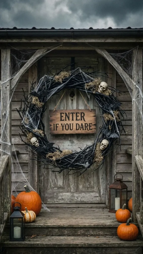 Black twig wreath with spooky Halloween accents decorating a front door