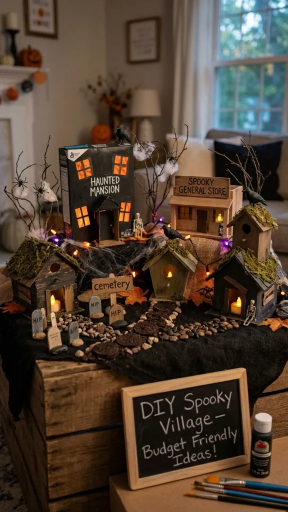 Spooky Halloween village display with miniature haunted houses