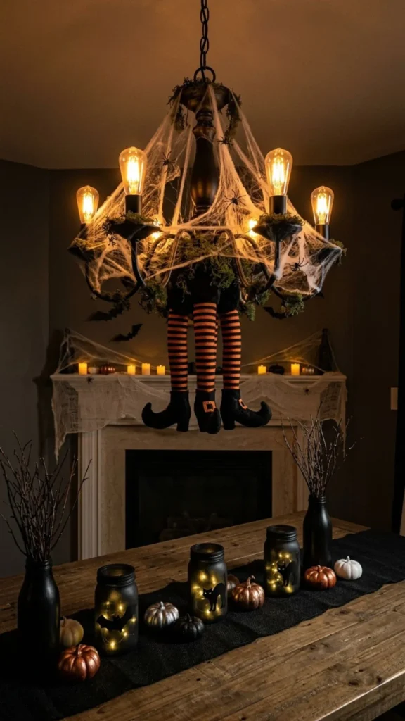 Witch leg chandelier for spooky Halloween lighting decor